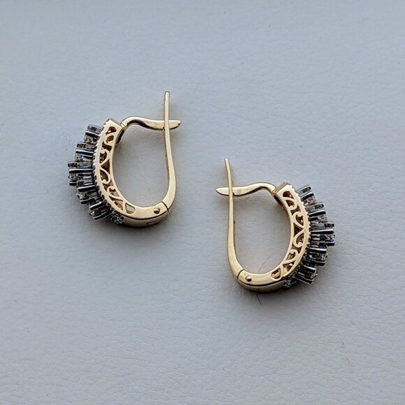 Russian Russia Solid 14K Yellow White Gold Diamond Cluster Pierced Earrings - Picture 4 of 10